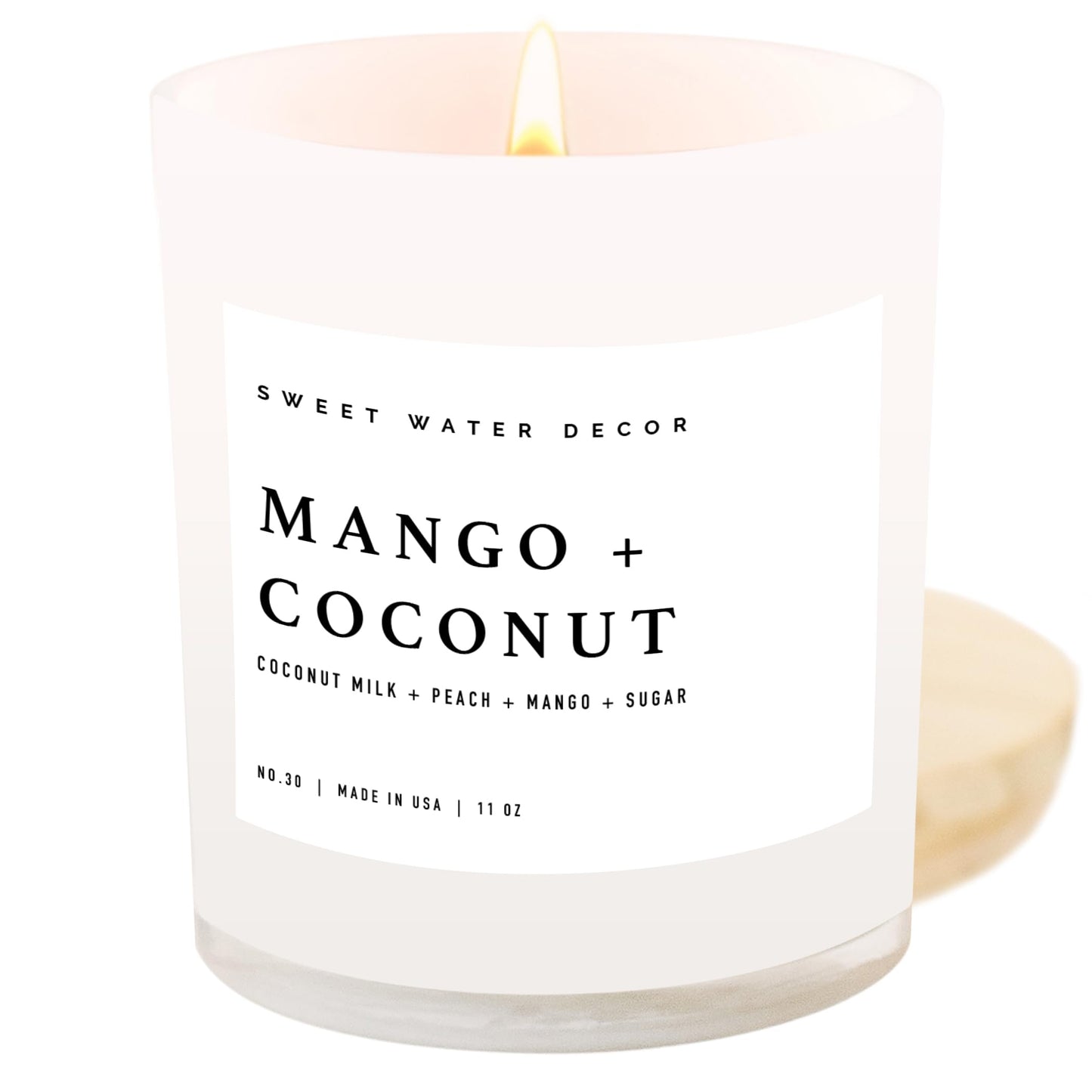 Sweet Water Decor Mango & Coconut Soy Candle - Pineapple, Mango and Orange Scented Summer Candles for Home - 11oz White Glass Jar and Wood Lid, 50+ Hour Burn Time, Made in the USA