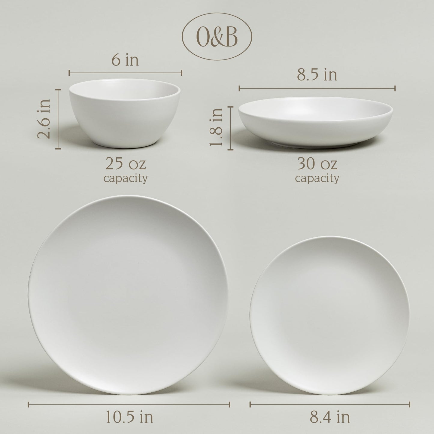 over&back Coupe Dinnerware Set - Stoneware Dishes - Comes with 4 Dinner Plates, 4 Salad Plates, 4 Cereal Bowls, and 4 Dinner Bowls - 16-Piece All-Occasion Place Settings - Semi-Matte White