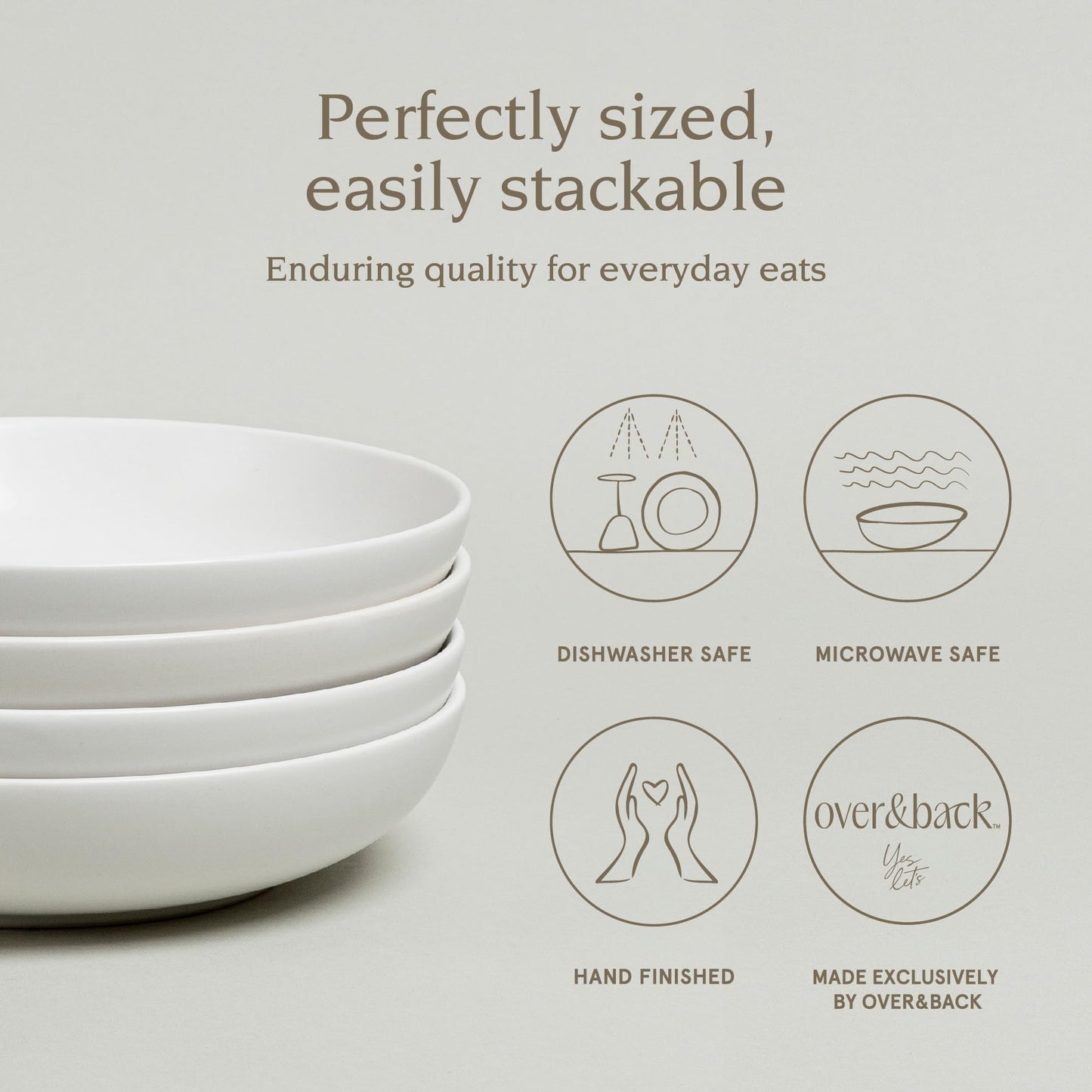 over&back Coupe Dinner Bowl Set - Stoneware Dishes - Comes with 4 Dinner Bowls - Easy-to-Stack All-Occasion Place Settings - 8.5" x 8.5" x 1.8" - 30oz - Semi-Matte White