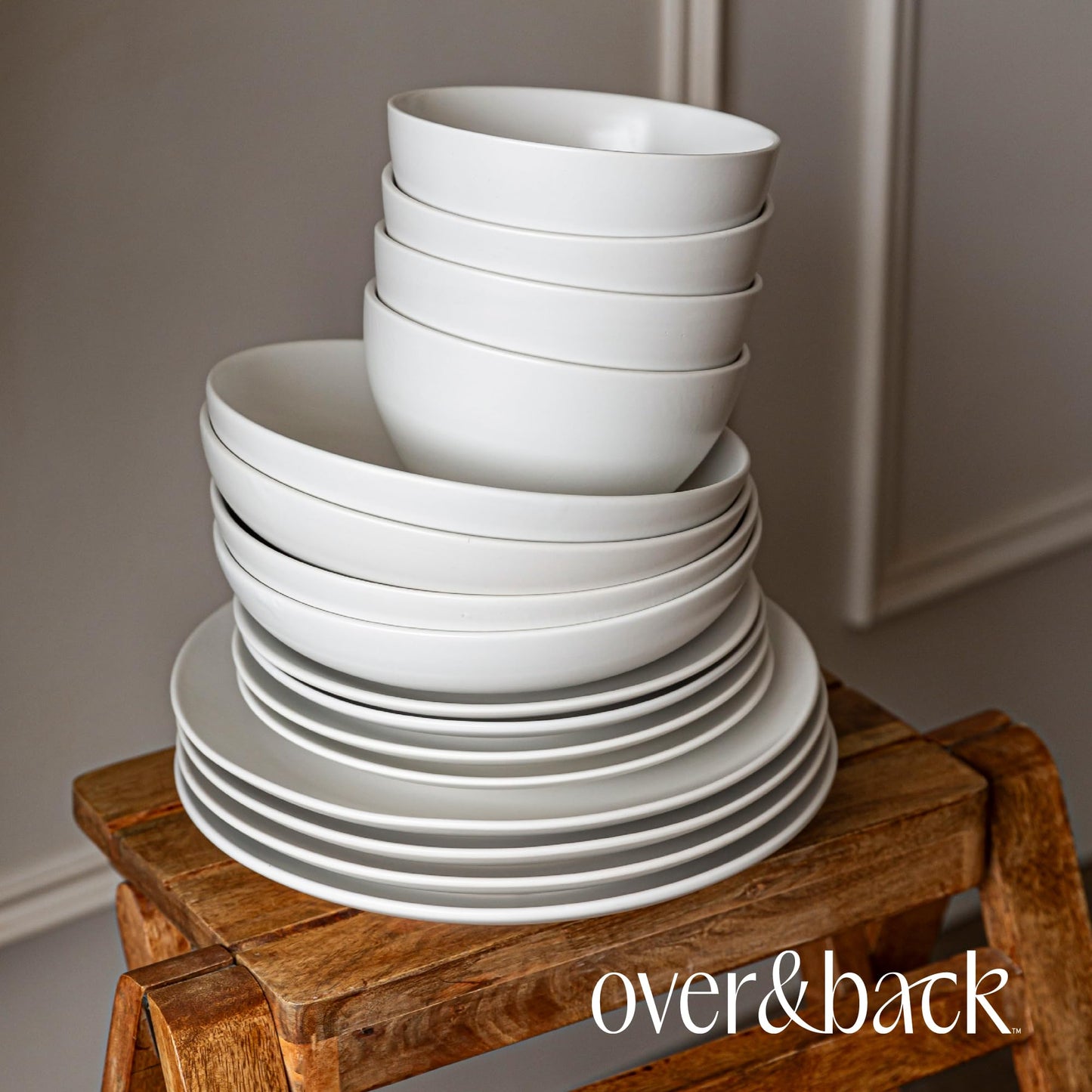 over&back Coupe Dinnerware Set - Stoneware Dishes - Comes with 4 Dinner Plates, 4 Salad Plates, 4 Cereal Bowls, and 4 Dinner Bowls - 16-Piece All-Occasion Place Settings - Semi-Matte White