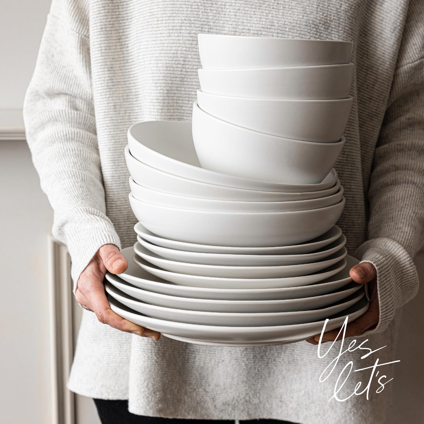 over&back Coupe Dinnerware Set - Stoneware Dishes - Comes with 4 Dinner Plates, 4 Salad Plates, 4 Cereal Bowls, and 4 Dinner Bowls - 16-Piece All-Occasion Place Settings - Semi-Matte White