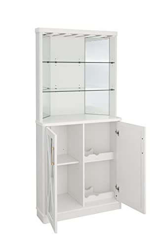 Home Source 68'' Mirrored Corner Bar Cabinet, Versatile Storage Solution with Glass/Mirrored Doors for Liquor and Wine Glasses, Home Bar or Coffee Station to Any Lounge or Dining Room (White)