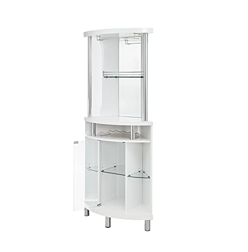 Home Source White Corner Bar Cart 72" Built-in Wine Rack, and Lower Glass Cabinet, Living Room, Home Office, Kitchen, Small Space