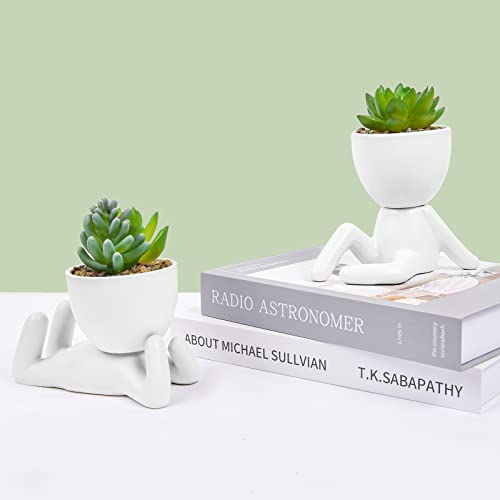 LJMBOEN 4 PCS Cute Fake Succulent with Creative Human Shaped Pots,Mini Ceramic Plant Potted Succulents for Women Men,Faux Succulents Plants for Office,Home,Bathroom and Shelf Decor (White)