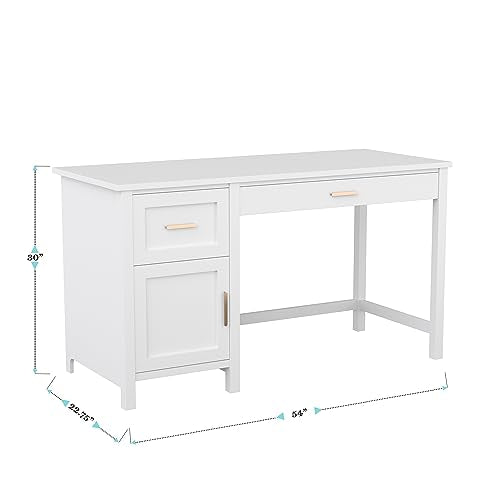 Martha Stewart Hutton Shaker Style Home Office Desk with Storage in White with Polished Brass Hardware