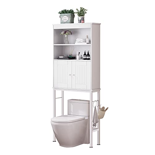 DMIDYLL Over The Toilet Storage Cabinet with Double Doors and Adjustable Shelves, Bathroom Storage Cabinet Over The Toilet, Toilet Organizer, White Wood