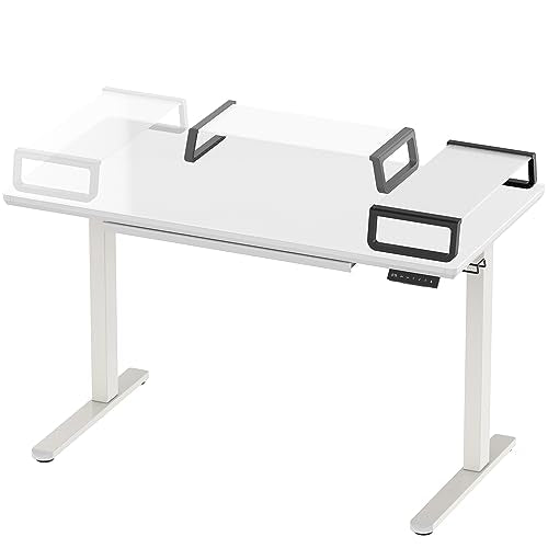 SHW 48-Inch Glass Electric Height Adjustable Desk with Monitor Riser and Drawer, White