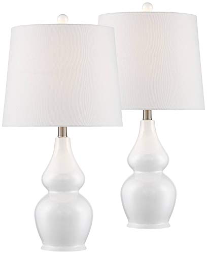 360 Lighting Jane Modern Table Lamps 25" Tall Set of 2 White Ceramic Double Gourd Fabric Tapered Drum Shade Decor for Bedroom Living Room House Home Bedside Nightstand Office Entryway Family