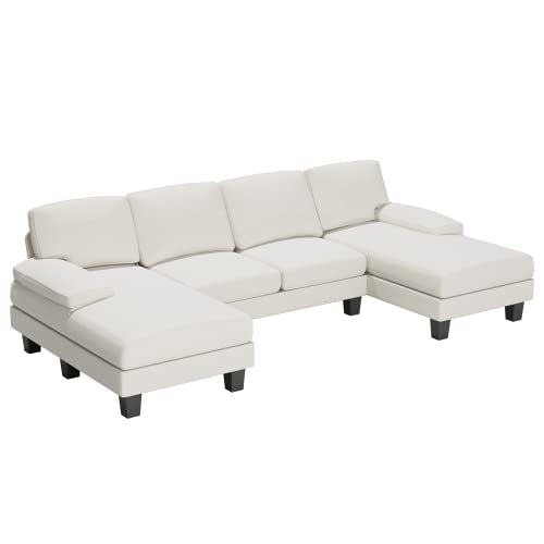 Flamaker Convertible Sectional Sofa Couch, Modern Fabric U-Shaped Living Room Furniture Set, 4-Seat Sectional Sleeper Sofa with Double Chaise & Memory Foam (White)