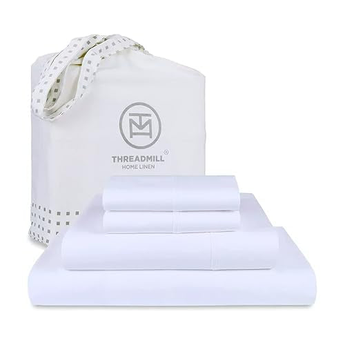 Threadmill Luxury Supima Cotton Sheets, 1200 Thread Count 100% Cotton Sheets for King Size Mattress, 4 Pc White King Size Sheets Set, 5-Star Hotel Quality with Elasticized Deep Pocket King Sheets