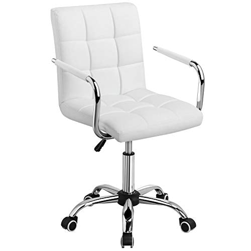 Yaheetech White Desk Chairs with Wheels/Armrests Modern PU Leather Office Chair Midback Adjustable Home Computer Executive Chair 360� Swivel