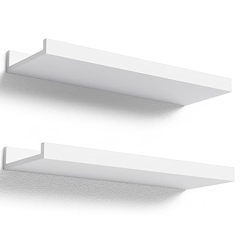 Boswillon Floating Shelves Wall Mounted Set of 2, Modern White Shelves for Bedroom, Nursery Shelves with Lip, Display Picture Ledge Shelf for Wall Decor Living Room Bathroom Kitchen - White