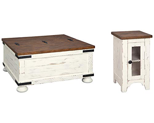 Signature Design by Ashley Wystfield Farmhouse Square Storage Coffee Table with Hinged Lift Top, Distressed White