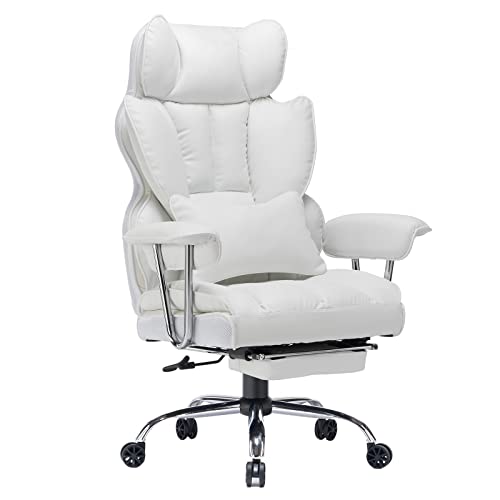 Efomao Ergonomic Office Chair, Big and Tall High Back PU Leather Wide Computer Office Chair Executive Office Chair Lumbar Support Leg Rest for Heavy People, White Office Chair