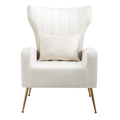 WQSLHX Living Room Chairs Set of 2 with Lumbar Pillow, Velvet Accent Chair with High Back Mid Century Armchair for Bedroom with Armrest, Arm Chair with Golden Metal Legs, White