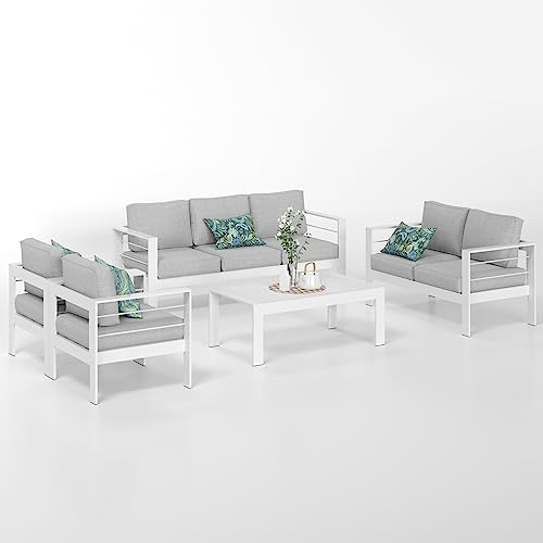 Solaste Aluminum Patio Furniture Set,5 Pieces Modern Outdoor Conversation Set Sectional Sofa with Upgrade Cushion and Coffee Table,White