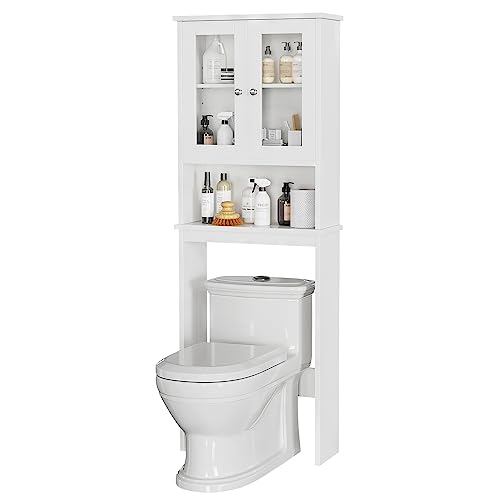 Meilocar Over The Toilet Storage Cabinet for Bathroom, Storage Organizer Over Toilet, Space Saver with Tempered Glass Doors, White