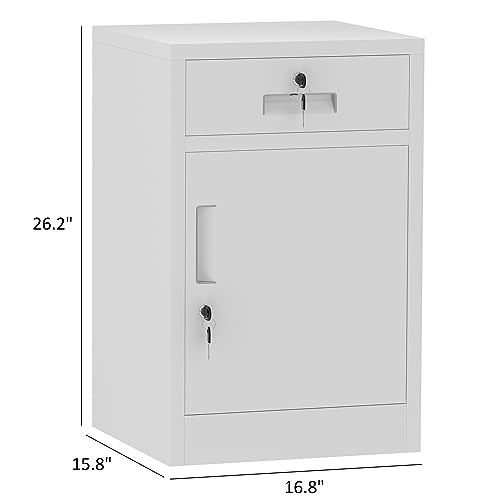 JINGUR Metal Storage Cabinet with Locking Door and Drawer, Lockable Drawer Chest with Adjustable Shelf for Home Office Bedroom Living Room (White)