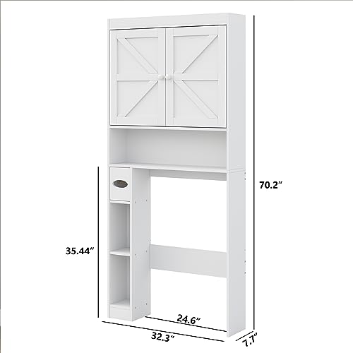 furomate Over The Toilet Storage Cabinet with Shelves and Doors, 32.3''W Free Standing Toilet Shelf Space Saver with Anti-Tip Design and Adjustable Bottom Bar, White