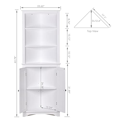 Spirich Home Tall Corner Cabinet with Two Doors and Three Tier Shelves, Free Standing Corner Storage Cabinet for Bathroom, Kitchen, Living Room or Bedroom, White