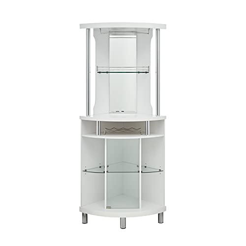 Home Source White Corner Bar Cart 72" Built-in Wine Rack, and Lower Glass Cabinet, Living Room, Home Office, Kitchen, Small Space