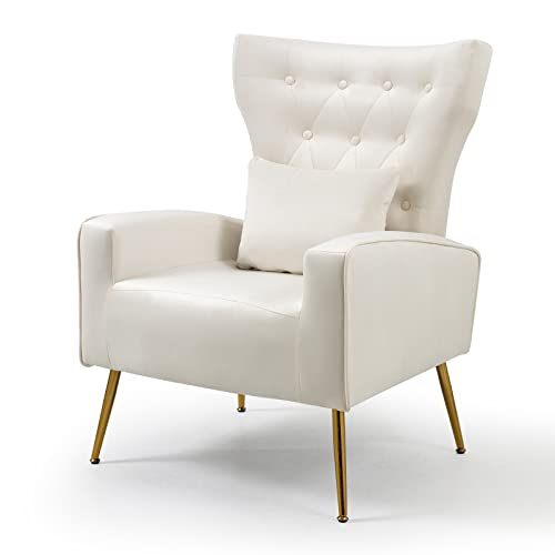 ZJhome Button-Tufted Living Room Chairs Set of 2, WingBack Velvet Accent Chair Armchair with Lumbar Pillow, Bedroom Chairs Vanity Chair Arm Chair with Golden Legs, Cream