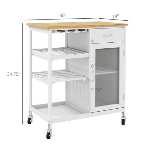 HOMCOM Rolling Kitchen Island with Storage, Kitchen Cart with 4-Bottle Wine Rack, Bar Cart with Stemware Holder, Shelves, Drawer and Cabinet, White