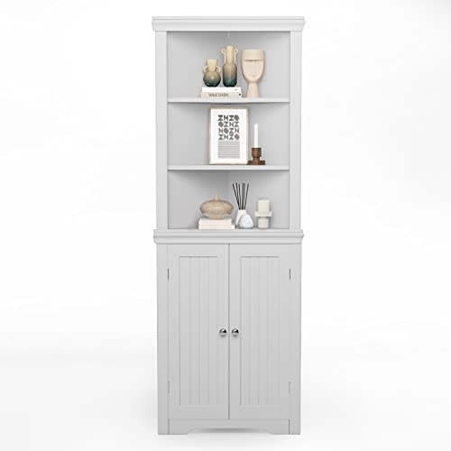 JUMMICO Corner Cabinet Corner Bathroom Cabinet with 2 Doors and 3 Tier Shelves Free Standing Corner Storage Cabinet for Bathroom, Living Room, Bedroom or Kitchen (White)