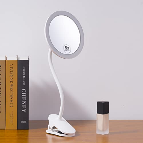 TUSHENGTU 6.5" Clip on Makeup Mirror with gooseneck 10x Magnifying Mirror,USB Recharge Adjustment (White 10X)