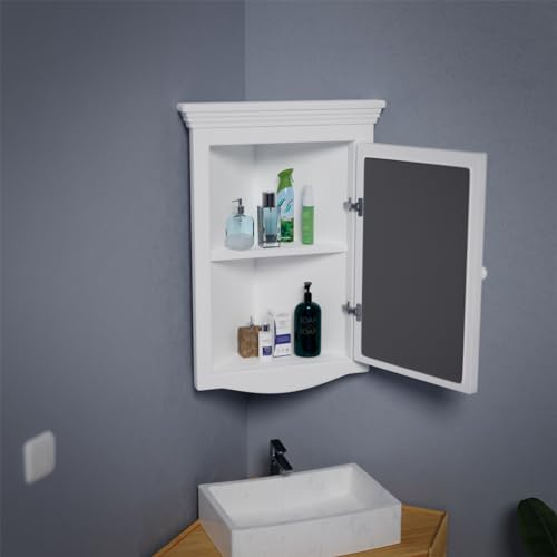 Renovators Supply Manufacturing White Corner Wall Mount Medicine Cabinet with Mirror Wooden Bathroom Storage 27 x 20 Inches Double Shelf Storage Cabinet Pre-Assembled with Hardware