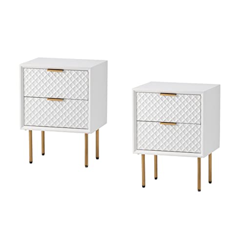 COZAYH Modern 2-Drawer Nightstand Set of 2, Contemporary Side Table, Retro-Inspired Raised Diamond Motif, White, 2 Pack