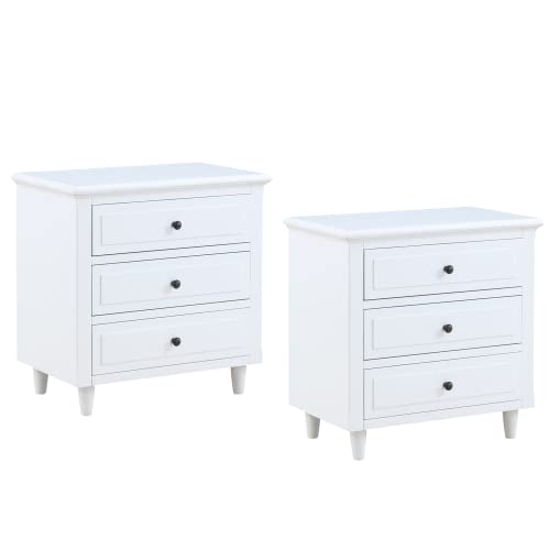 EPOFIT 3 Drawer Wooden Nightstand Set of 2, White Wood Bedside Table with Solid Pine Wood Legs, 3 Drawers Dresser Side End Table Cabinet Drawers Chest for Bedroom, Living Room, Fully Assembled