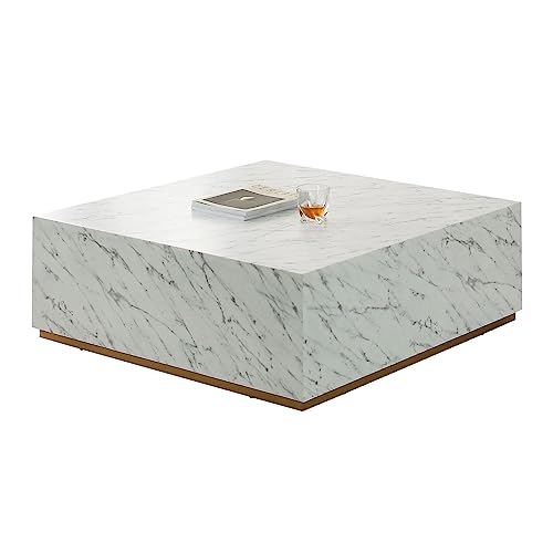 Modern Coffee Table, Square Center Table Modern Simple Faux Marble Coffee Table, Glam Accent End Table for Home, Apartment,Square White