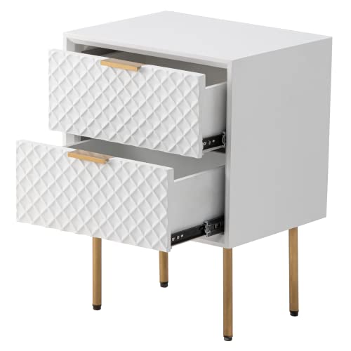 COZAYH Modern 2-Drawer Nightstand Set of 2, Contemporary Side Table, Retro-Inspired Raised Diamond Motif, White, 2 Pack