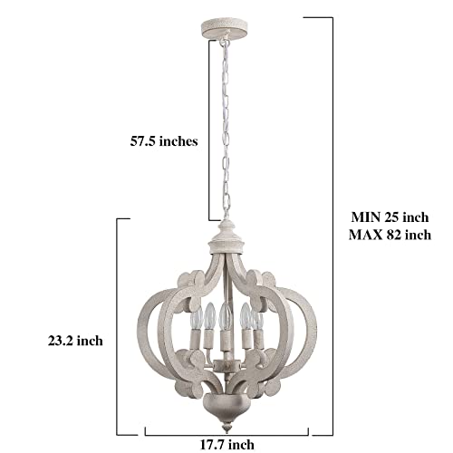 ETONIMERR Wooden French Country Chandelier Light Fixture Ceiling 5-Light, Antique White Farmhouse Chandelier for Dining Room Cottage Rustic Pendant Lighting for Kitchen Island Living Room Bedroom