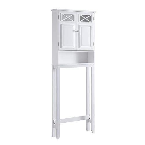 Teamson Home Dawson Wooden 2-Door Over The Toilet Space Saver Cabinet with Interior Adjustable Shelf and Open Shelf, White with Chrome Knobs