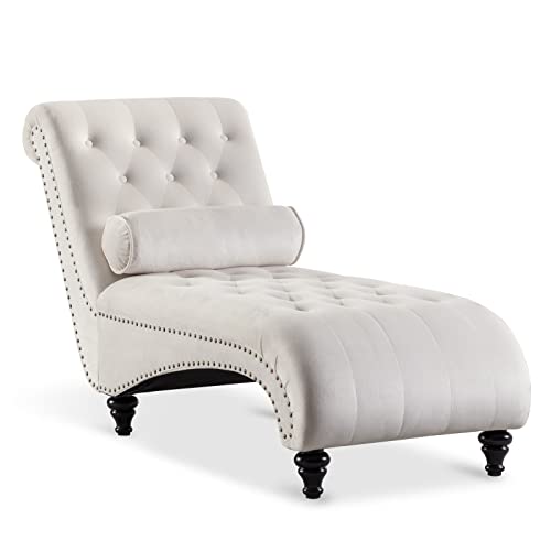 ONPNO Tufted Velvet Chaise Lounge Indoor, Leisure Accent Chair Upholstered Couch with Toss Pillow for Bedrooom Living (White) 55.1D x 25W x 34.3H in