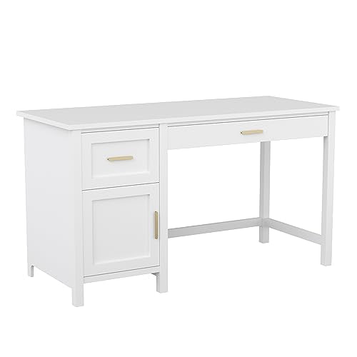 Martha Stewart Hutton Shaker Style Home Office Desk with Storage in White with Polished Brass Hardware