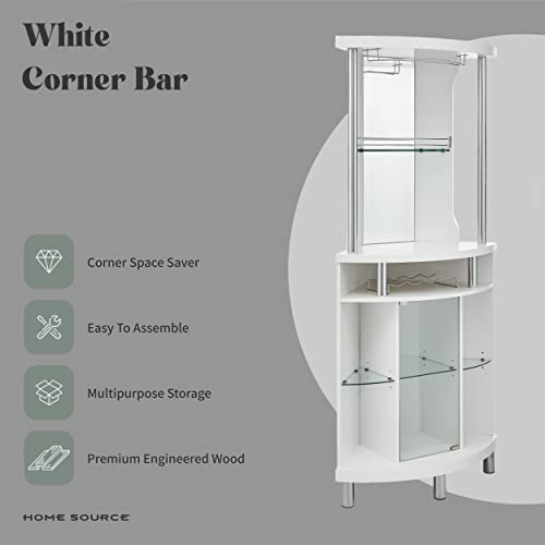 Home Source White Corner Bar Cart 72" Built-in Wine Rack, and Lower Glass Cabinet, Living Room, Home Office, Kitchen, Small Space