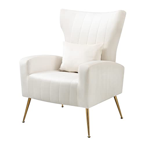 WQSLHX Living Room Chairs Set of 2 with Lumbar Pillow, Velvet Accent Chair with High Back Mid Century Armchair for Bedroom with Armrest, Arm Chair with Golden Metal Legs, White