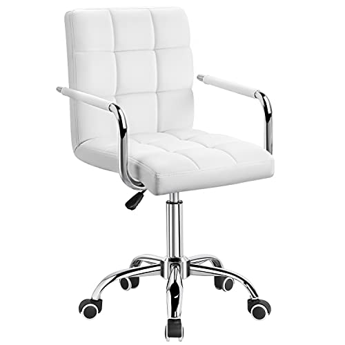 Furmax Mid-Back Office Task Chair Ribbed PU Leather Executive Modern Adjustable Home Desk Retro Comfortable Work Chair 360 Degree Swivel with Arms (White)