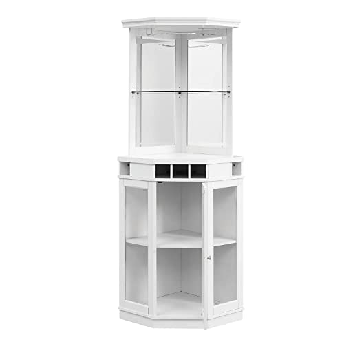 Home Source Corner Bar cart Unit 73" White with Two Glass Shelves, Built-in Wine Rack, and Lower Glass bar Cabinet for Liquor and Glasses | Storage | Home Office, Kitchen, Bar cart, White