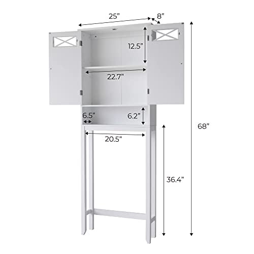 Teamson Home Dawson Wooden 2-Door Over The Toilet Space Saver Cabinet with Interior Adjustable Shelf and Open Shelf, White with Chrome Knobs