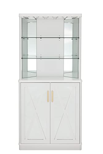 Home Source 68'' Mirrored Corner Bar Cabinet, Versatile Storage Solution with Glass/Mirrored Doors for Liquor and Wine Glasses, Home Bar or Coffee Station to Any Lounge or Dining Room (White)