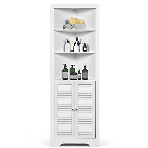 COSTWAY Tall Corner Cabinet, Wooden Freestanding Storage Cabinet with 3 Open Shelves & Doors, Large Capacity Storage Organizer for Bathroom Living Room Bedroom Kitchen (White)