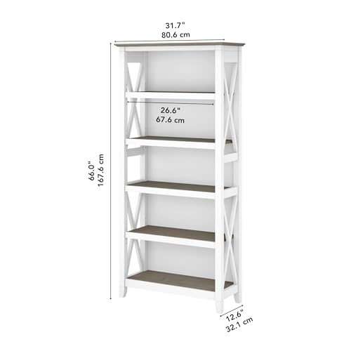 Bush Furniture BSH24470221 Key West 5-Shelf 66-Inch H Bookcase, Shiplap Gray/Pure White