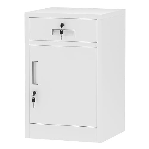 JINGUR Metal Storage Cabinet with Locking Door and Drawer, Lockable Drawer Chest with Adjustable Shelf for Home Office Bedroom Living Room (White)