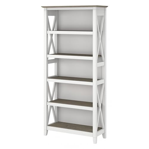 Bush Furniture BSH24470221 Key West 5-Shelf 66-Inch H Bookcase, Shiplap Gray/Pure White