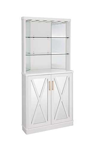 Home Source 68'' Mirrored Corner Bar Cabinet, Versatile Storage Solution with Glass/Mirrored Doors for Liquor and Wine Glasses, Home Bar or Coffee Station to Any Lounge or Dining Room (White)