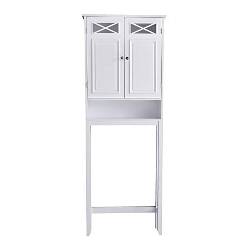 Teamson Home Dawson Wooden 2-Door Over The Toilet Space Saver Cabinet with Interior Adjustable Shelf and Open Shelf, White with Chrome Knobs